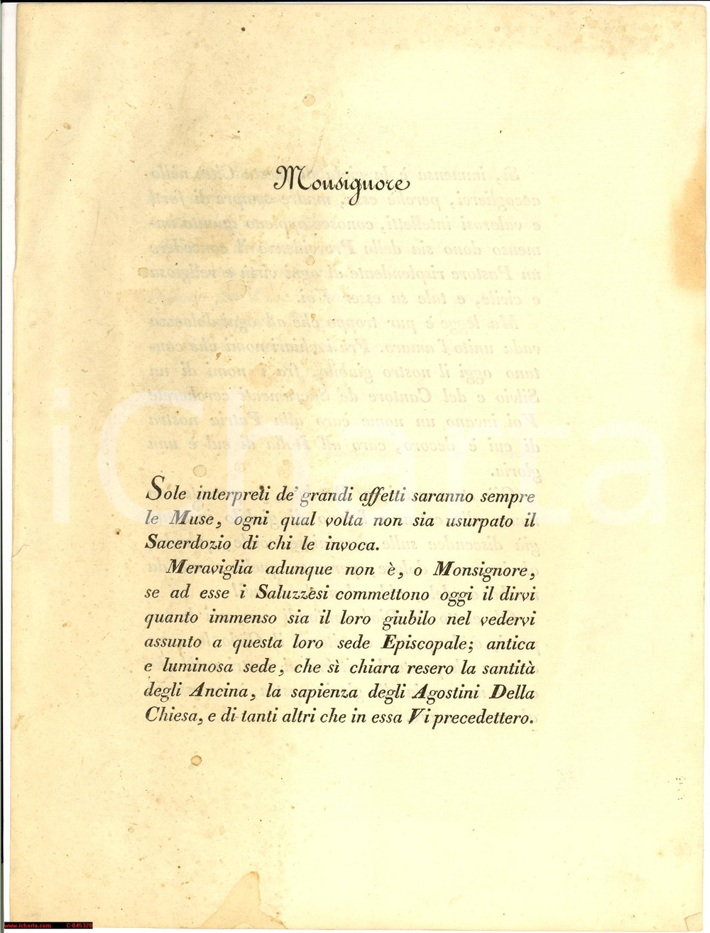 Manoscritto, lettera originale 1840 SALUZZO Benevello Della Chiesa lettera al vescovo 1