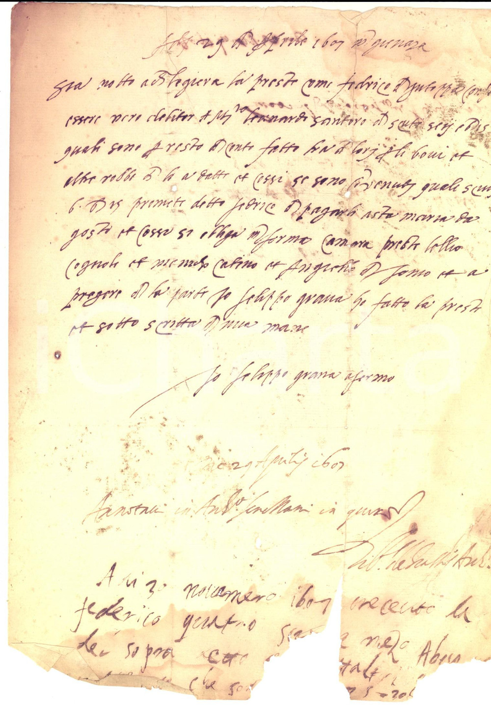 Manoscritto, lettera originale 1607 CAVE Federico INTOPPA debitore di Leonardo SANTORO per partita di merce 1