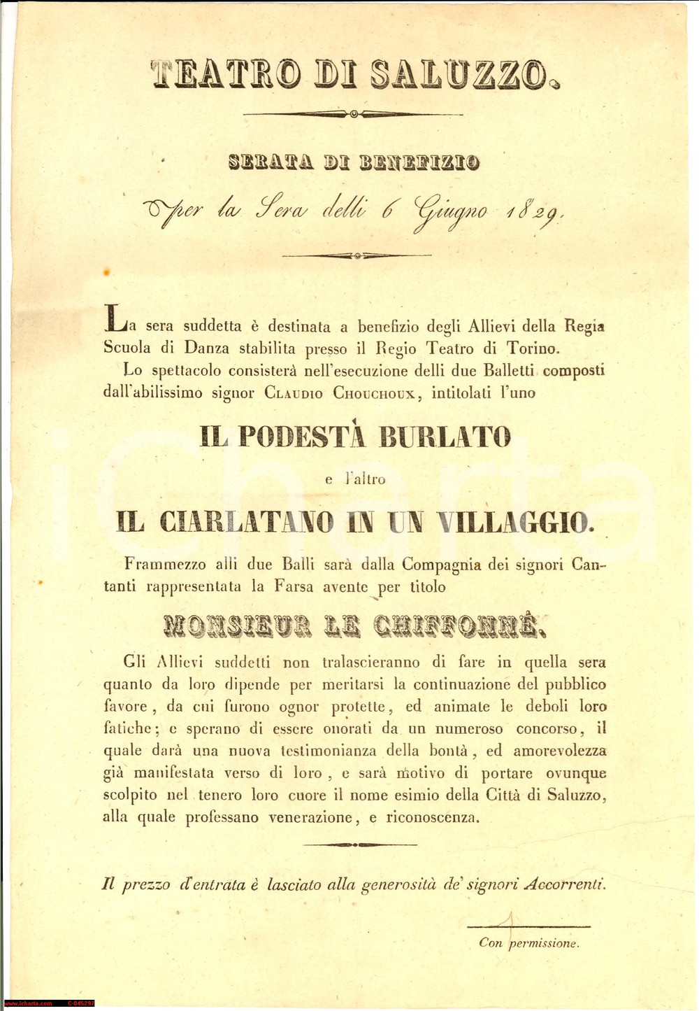 Oggetto da collezione cartaceo 1829 SALUZZO Serata per allievi Regia Scuola di Danza 1