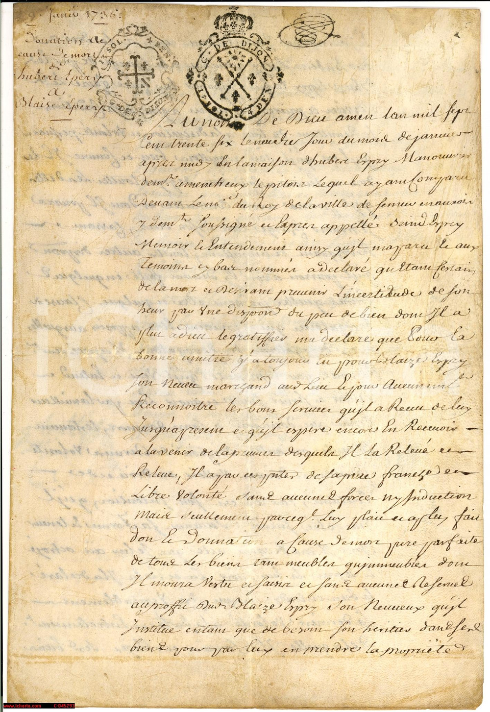 Documento originale, autentico 1736 DIJON BOURGOGNE testamento Hubert Espry parchment 1