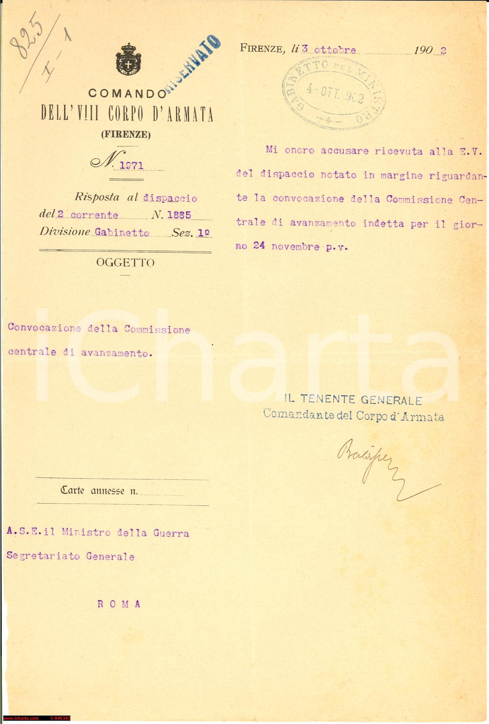 Autografo originale 1902 FIRENZE dispaccio gen. BALDISSERA AUTOGRAFO 1