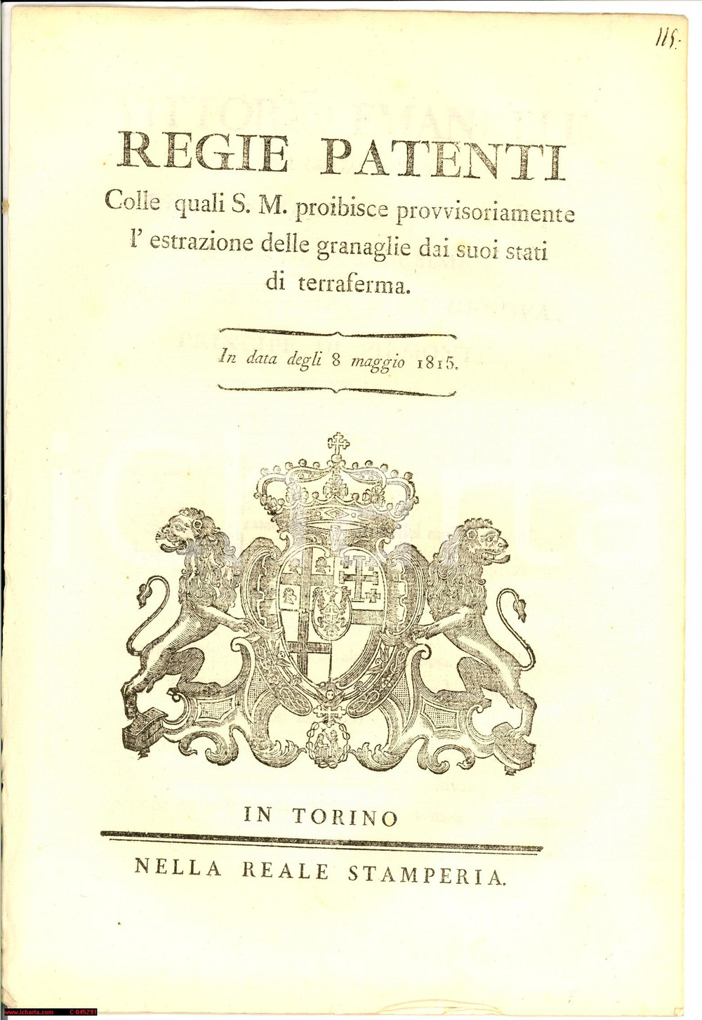 Documento originale, autentico 1815 GENOVA Vittorio Emanuele I vieta esportare grano 1