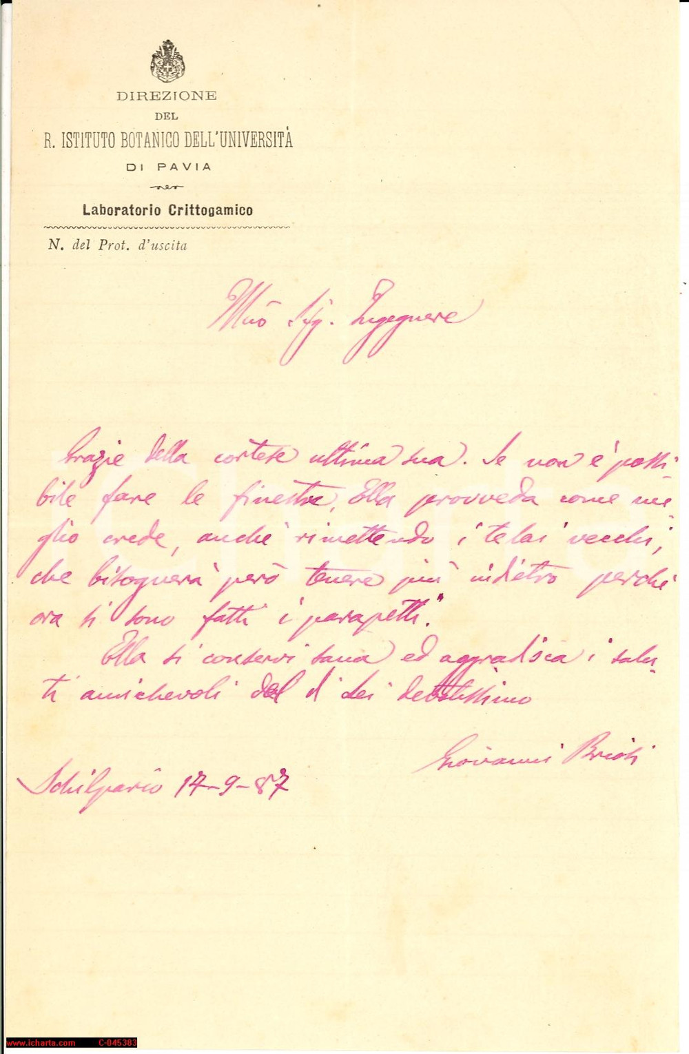Autografo originale 1897 SCHILPARIO (BG) Giovanni BRIOSI lettera AUTOGRAFA 1