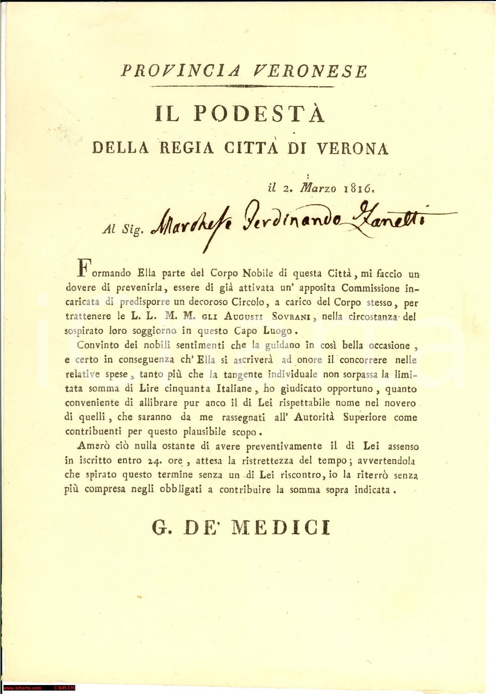 Documento originale, autentico 1816 VERONA contributo marchese ZANETTI visita Sovrani 1
