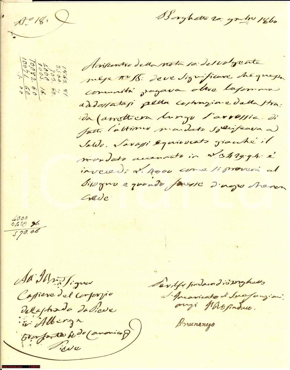 Documento originale, autentico 1860 BORGHETTO D'ARROSCIA (IM) il Comune paga troppo 1