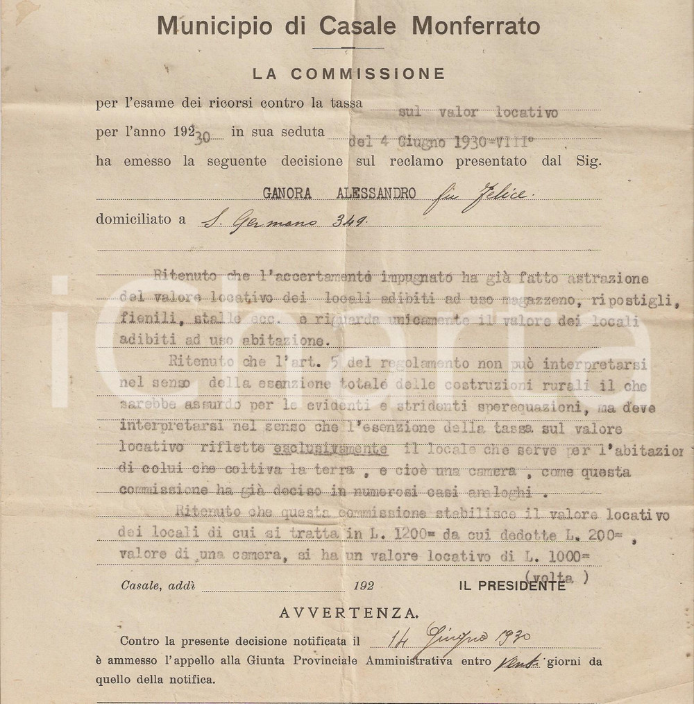 Documento originale, autentico 1930 CASALE MONFERRATO (AL) valore locativo beni GANORA 1
