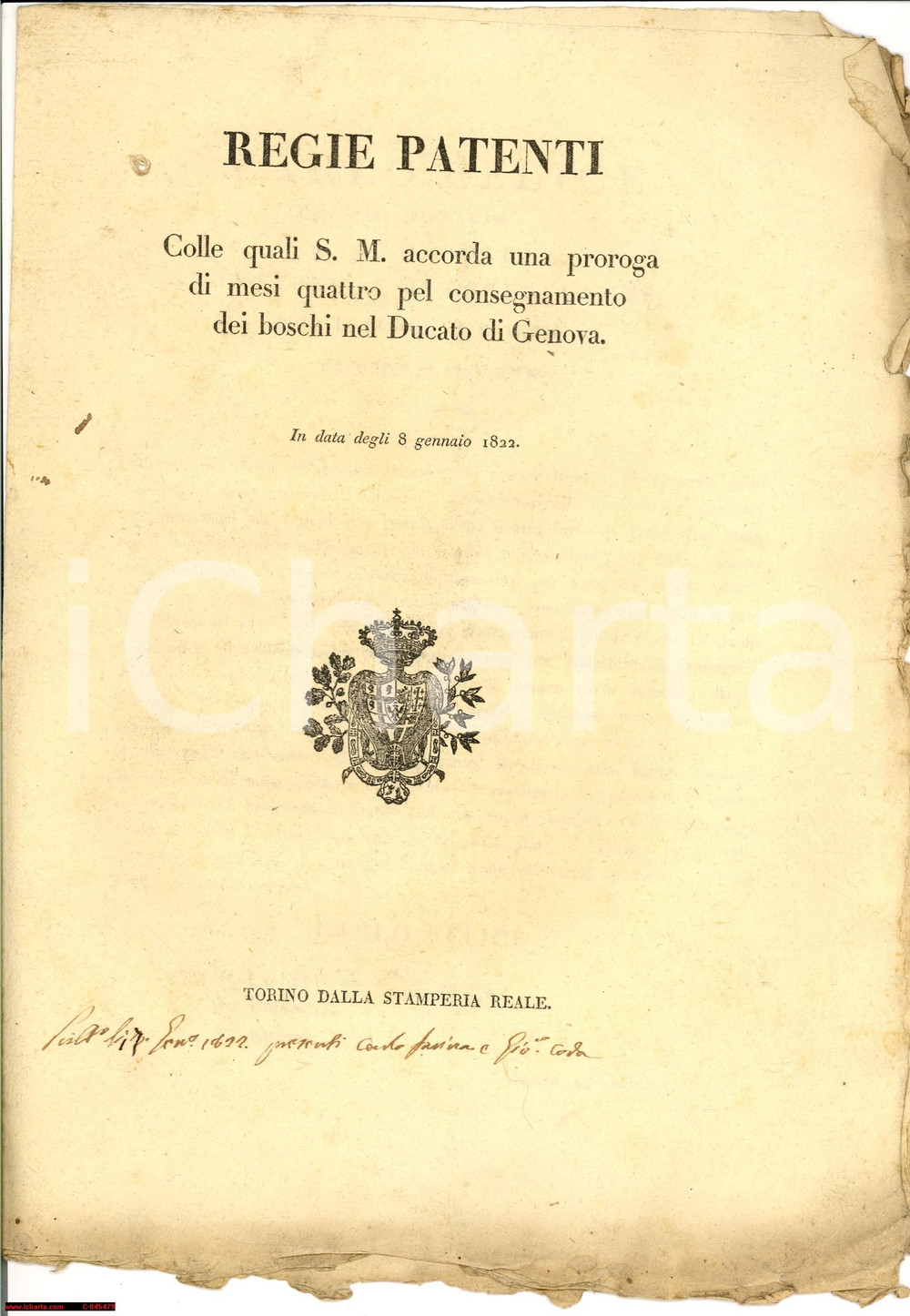 Documento originale, autentico 1822 TORINO proroga consegna boschi cedui Ducato GENOVA 1