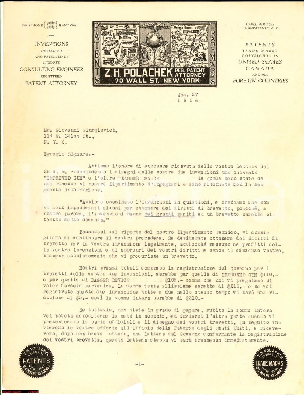 Manoscritto, lettera originale 1926 NY Z.H.POLACHEK Trade marks Giovanni GIURGOVICH 1
