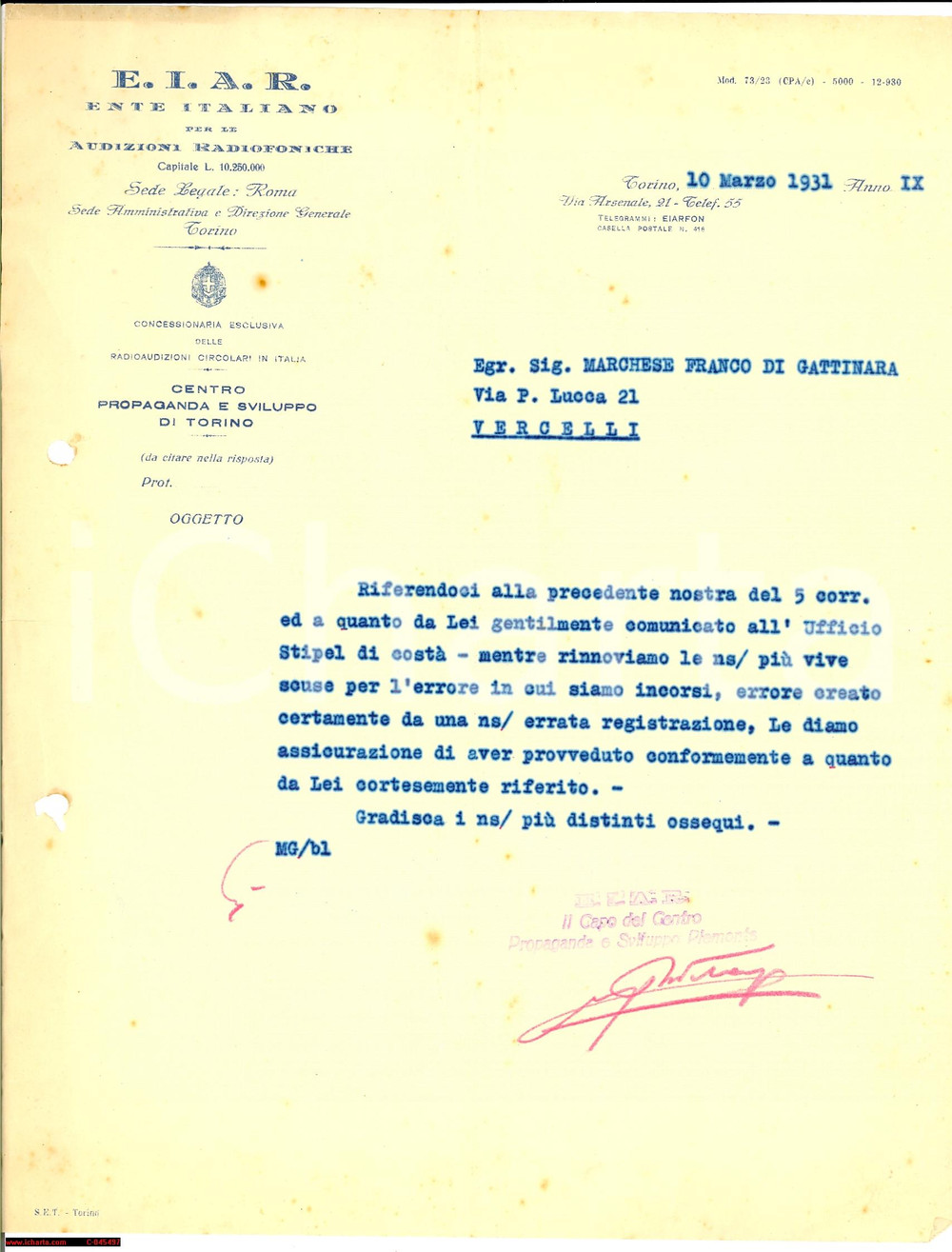 Documento originale, autentico 1931 EIAR TORINO scuse al marchese Franco DI GATTINARA 1