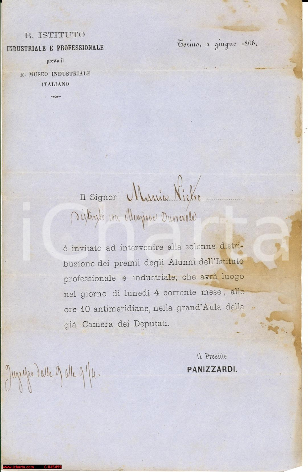 Manoscritto, lettera originale 1931 TORINO premiazione alunni Istituto Industriale 1