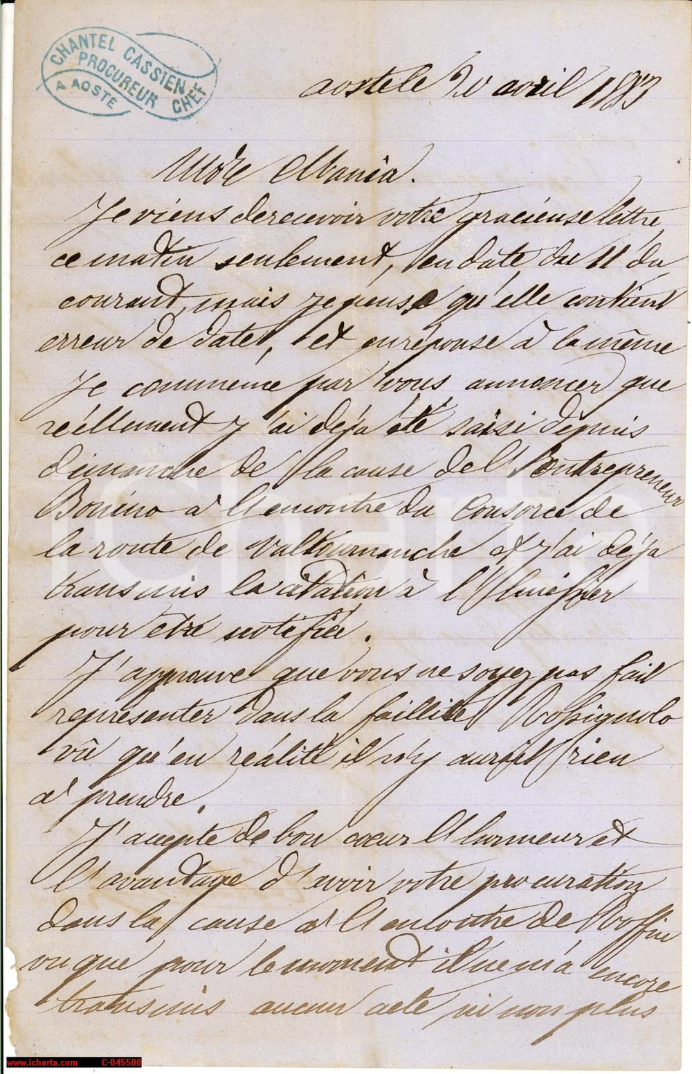 Manoscritto, lettera originale 1883 AOSTA pochi impiegati al Tribunale Civile CASSIEN 1