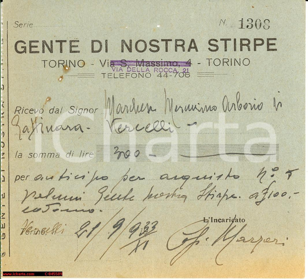 Documento originale, autentico 1933 VERCELLI libri per Mercurino ARBORIO di Gattinara 1