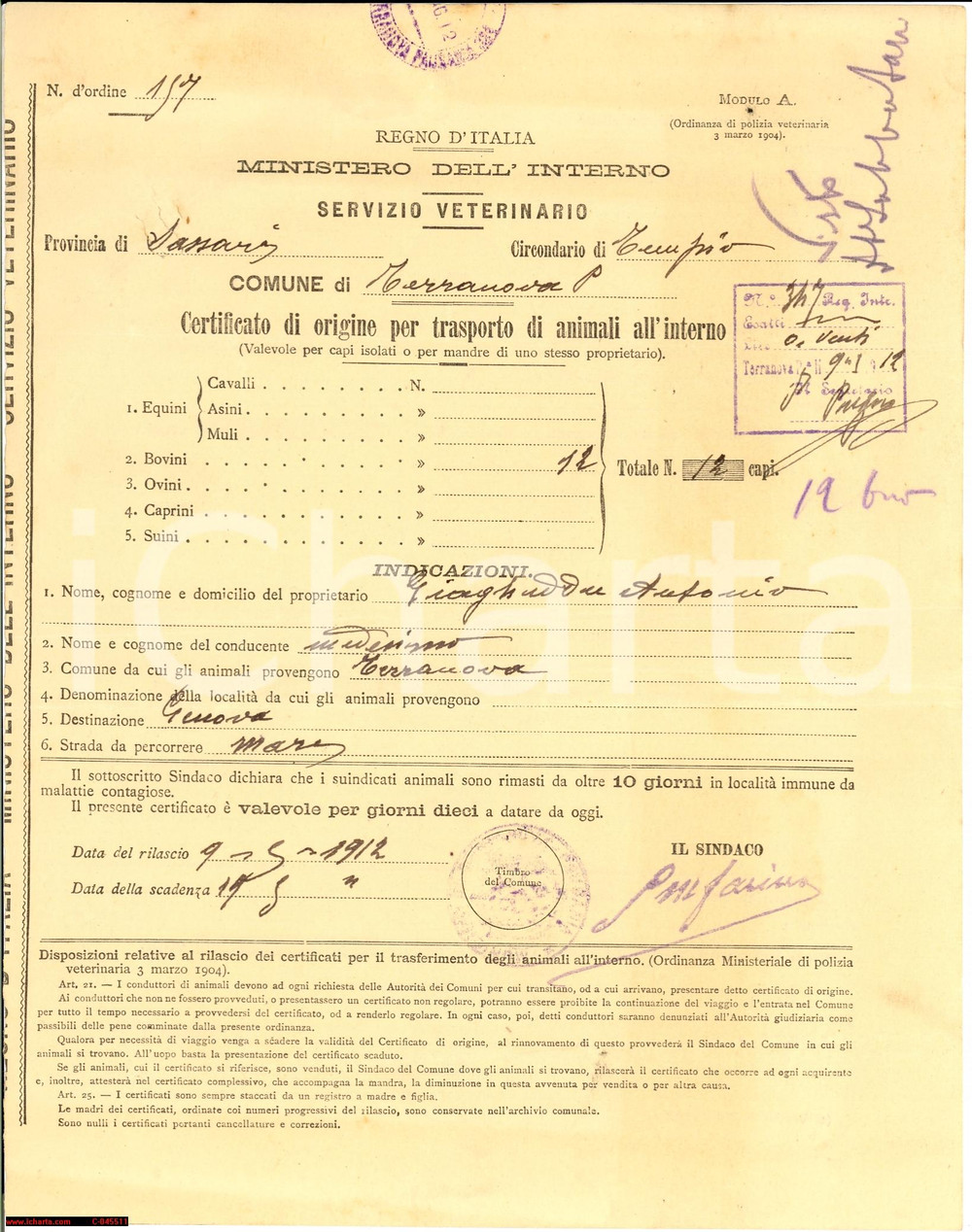 Documento originale, autentico 1912 OLBIA certificato origine bovini inviati a Genova 1