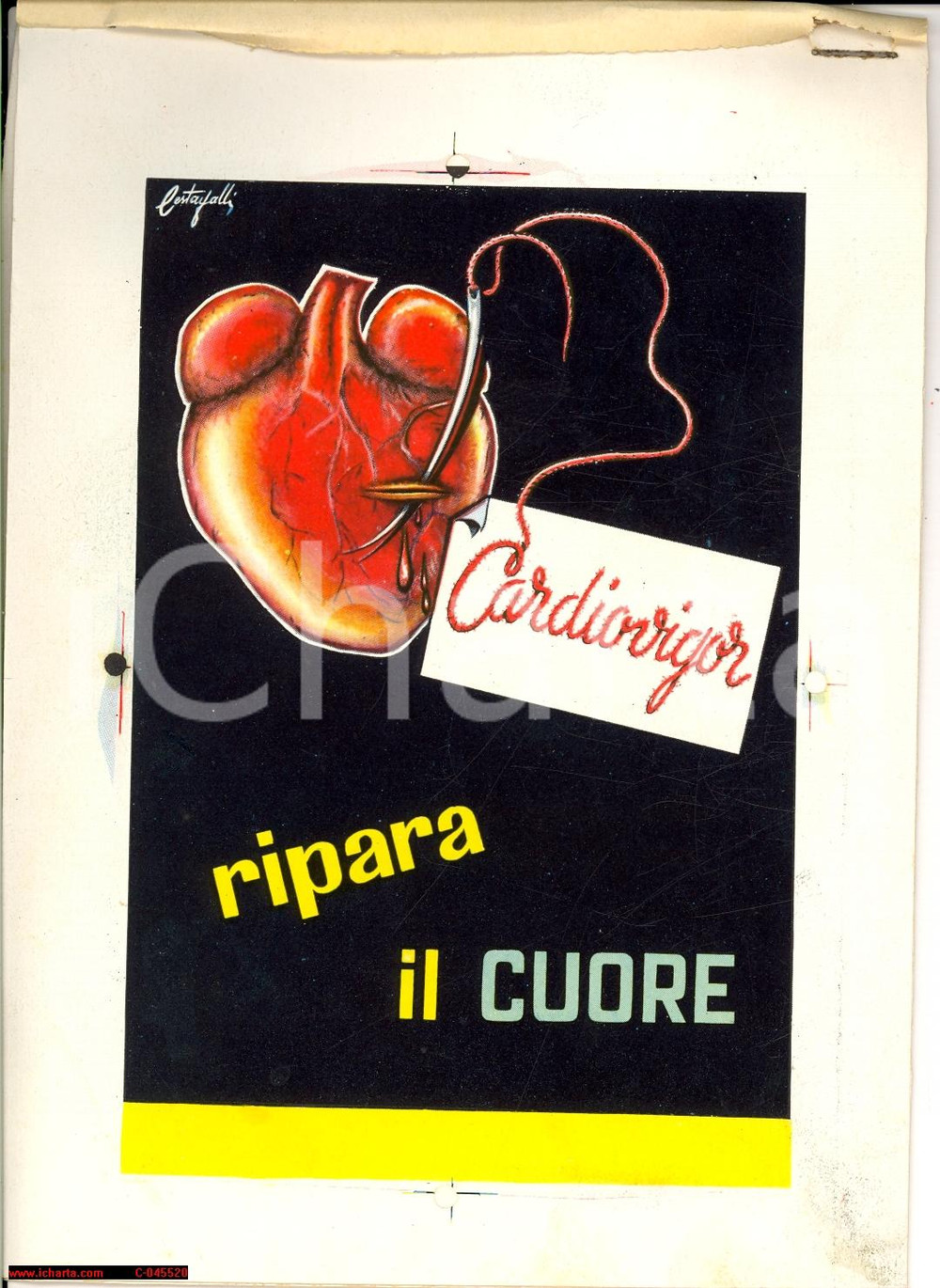 Materiale pubblicitario d’epoca 1970 ca CARDIOVIGOR ill. CESTAGALLI bozzetto RARO 1