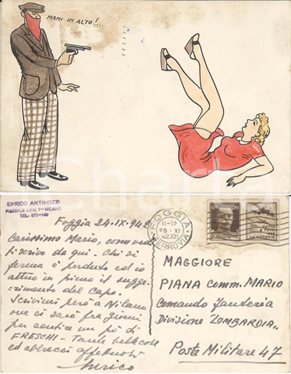 Cartolina originale da collezione 1942 WW2 ILLUSTRATORI DISEGNATA MANO Agguato ad una donna PM47 1