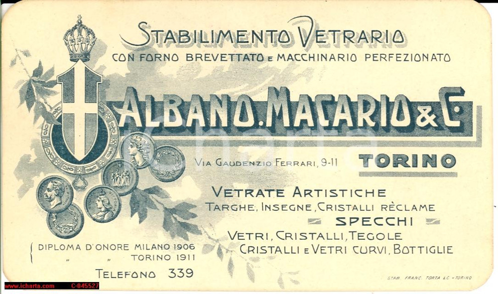 Oggetto da collezione cartaceo 1911 TORINO vetrate ALBANO MACARIO biglietto da visita 1