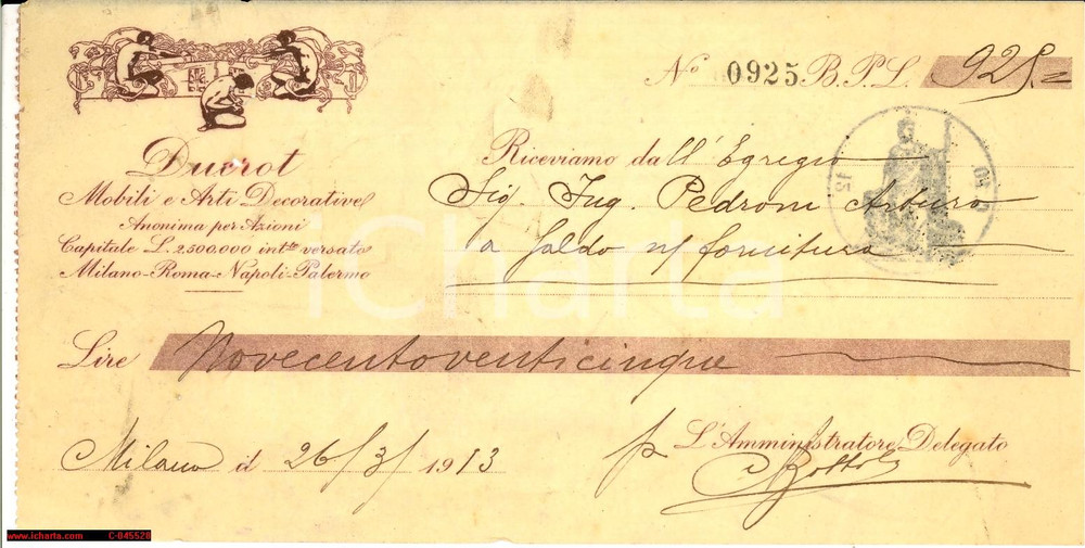 Oggetto da collezione cartaceo 1913 MILANO Mobili d arte DUCROT Ricevuta pubblicitaria 1