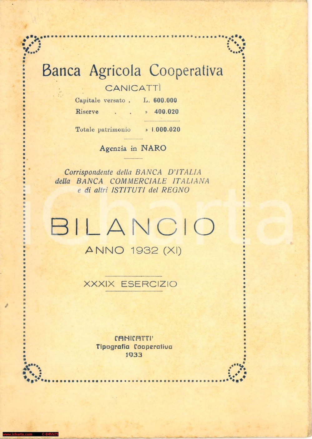 Documento originale, autentico 1933 CANICATTI  AG BANCA AGRICOLA COOPERATIVA bilancio 1