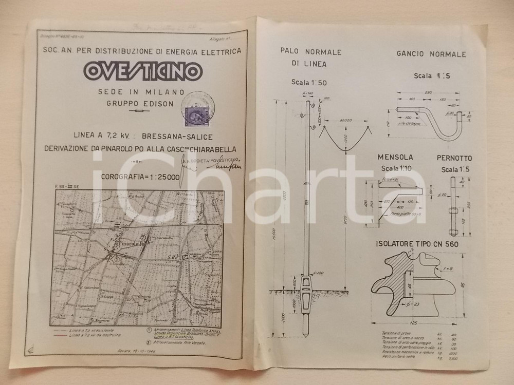 1944 NOVARA Società OVESTICINO linea elettrica PINAROLO PO - Cascina CHIARABELLA