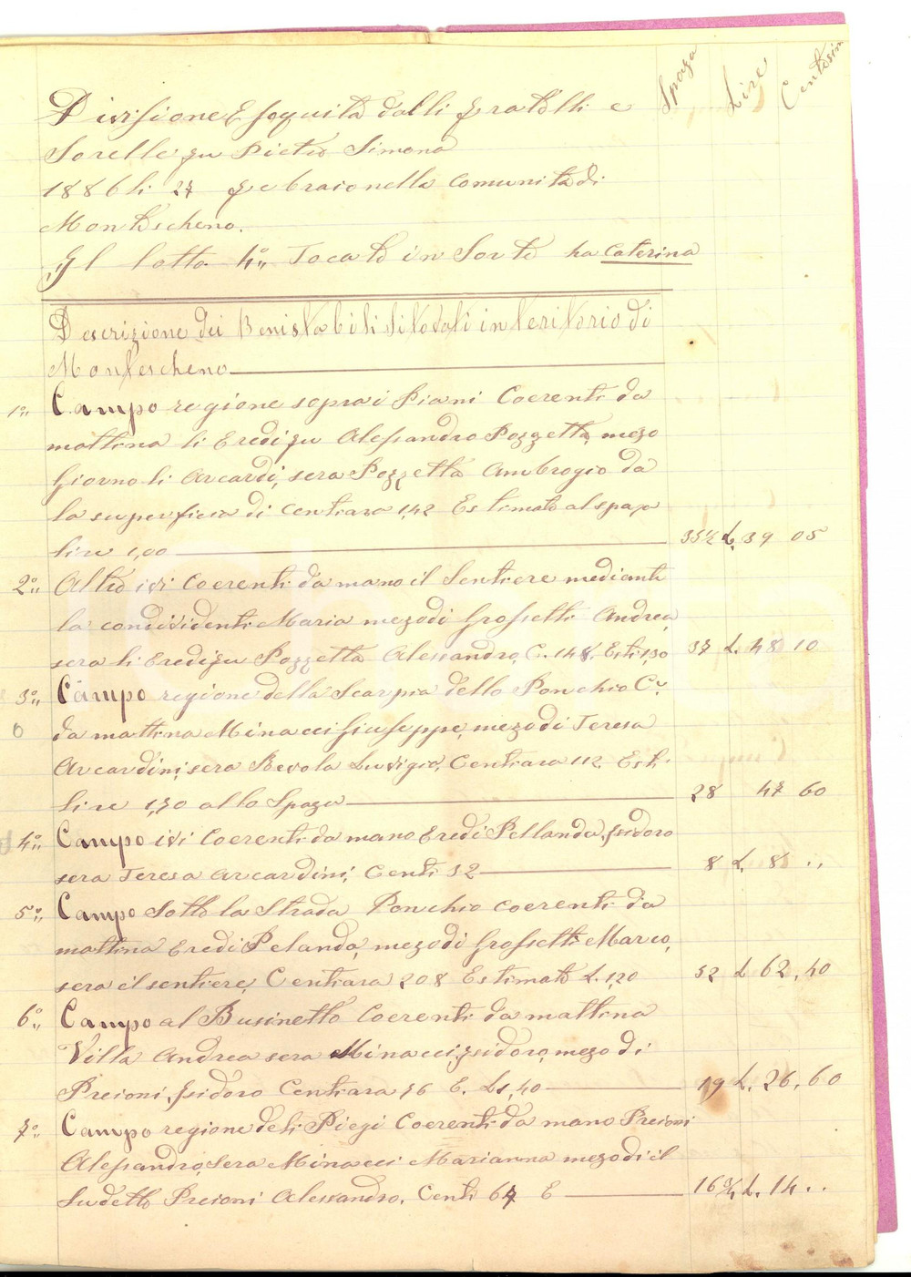 Documento originale, autentico 1886 MONTESCHENO VB Divisione beni stabili del fu Pietro SIMONA Manoscritto 1