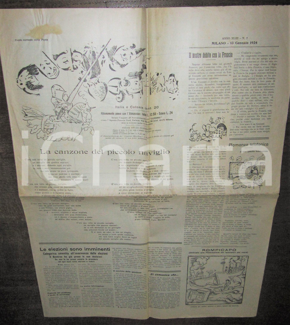 Giornale, rivista storica 1924 GUERIN MESCHINO Ironia su governo Mussolini RARO 1