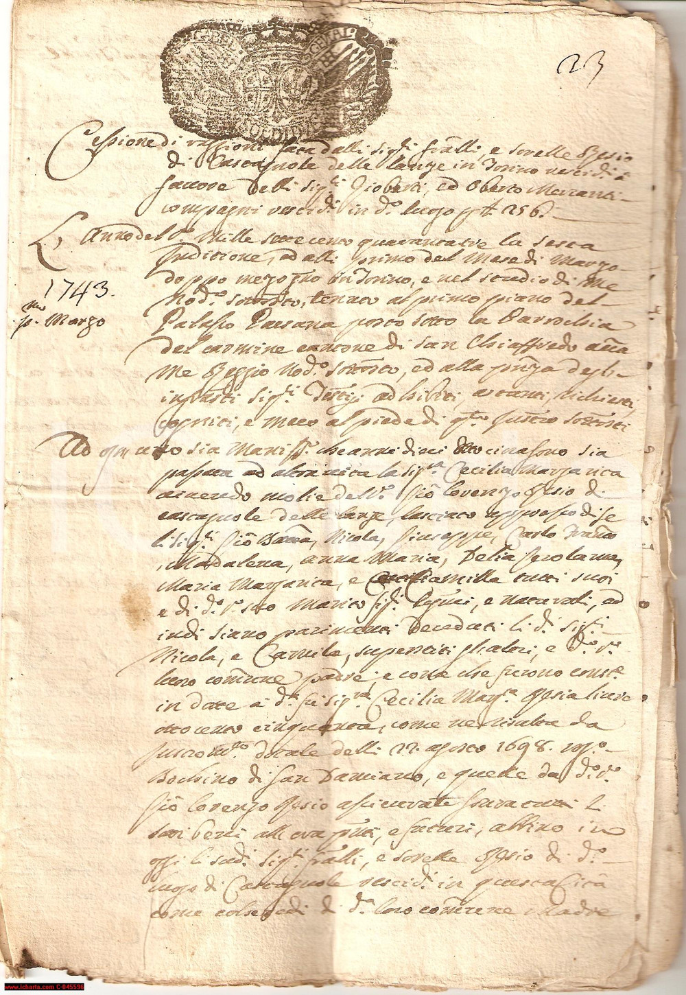 Documento originale, autentico 1743 CASTAGNOLE LANZE (AT) Beni RESIO ceduti per debiti 1
