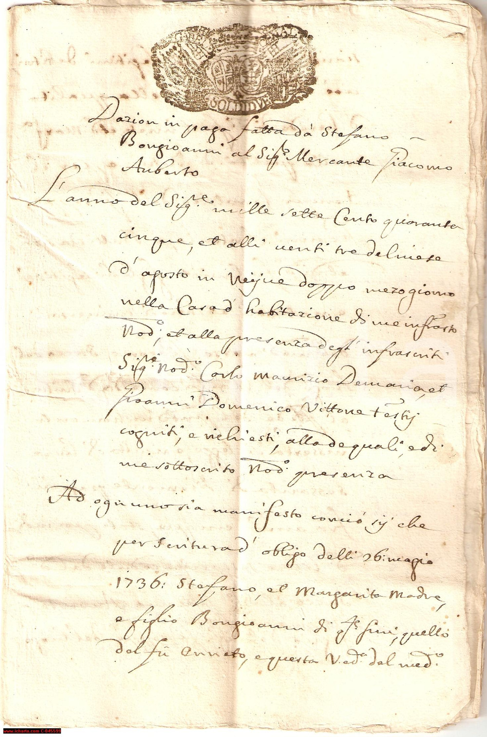 Documento originale, autentico 1745 NEIVE CN Stefano BONGIOANNI cede terra per debiti 1