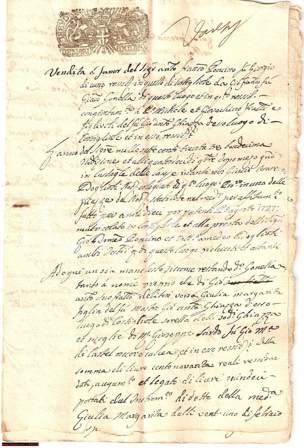 Documento originale, autentico 1733 COSTIGLIOLE (AT) Vendita f.lli GHIAZZA per la dote 1