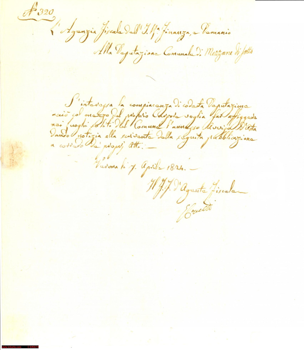 Documento originale, autentico 1824 MEZZANE DI SOTTO (VR) Avviso asta pubblica COVELLI 1