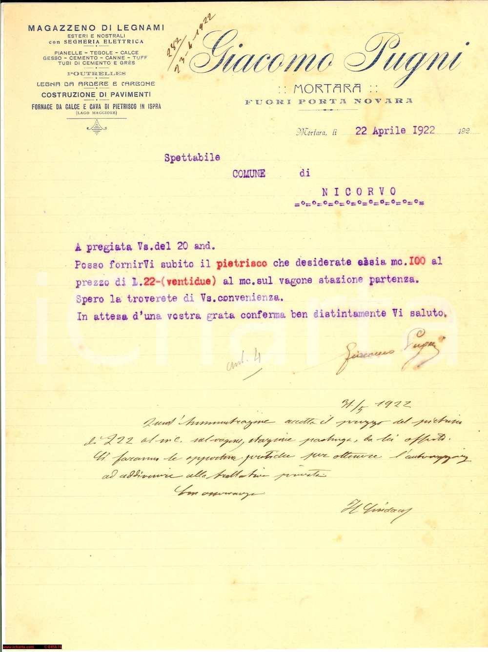Documento originale, autentico 1922 MORTARA (PV) Giacomo PUGNI fornitura pietrisco 1