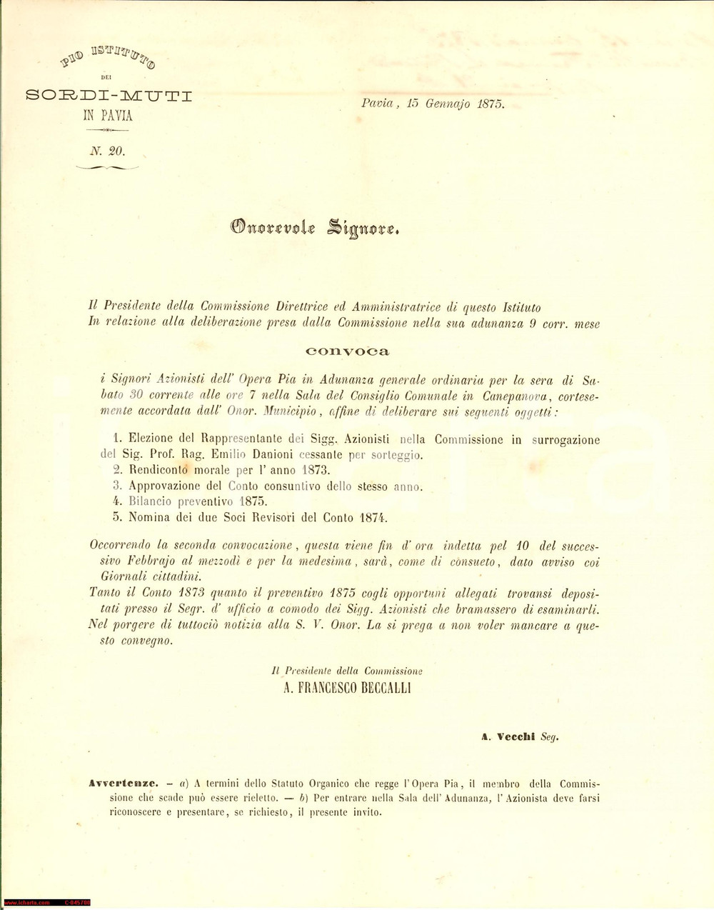 Documento originale, autentico 1875 PAVIA Pio Istituto SORDIMUTI Rendiconto morale 1