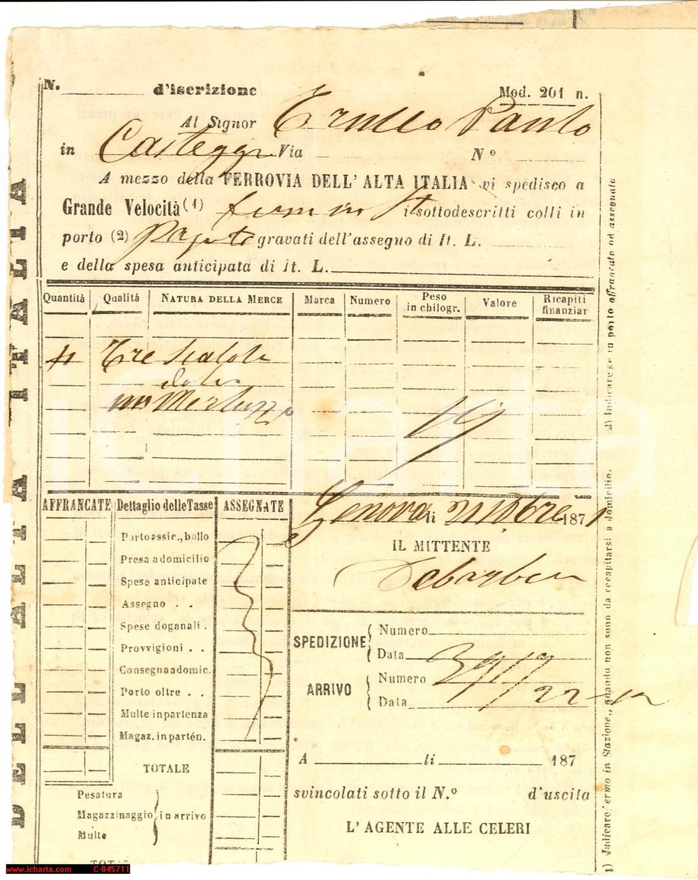 Documento originale, autentico 1871 CASTEGGIO PV FERROVIE ALTA ITALIA invio merluzzo 1