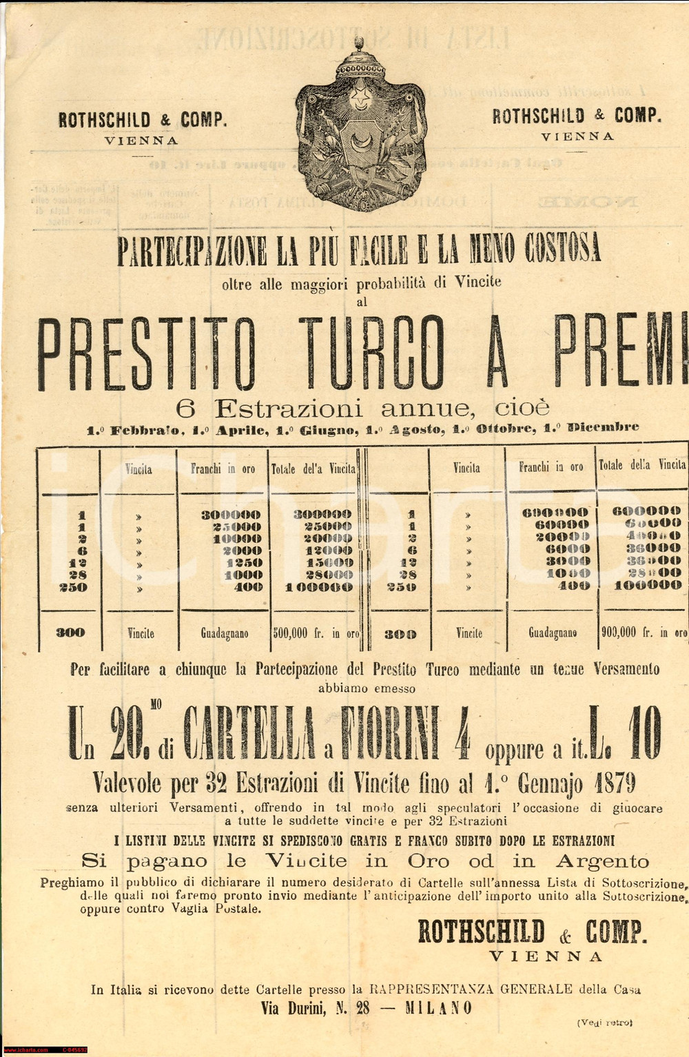 Oggetto da collezione cartaceo 1872 MILANO ROTSCHILD & Co Prestito turco a premi RARO 1