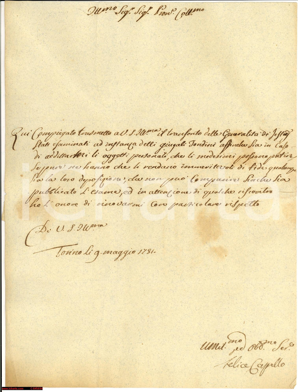 Manoscritto, lettera originale 1781 BORGOLAVEZZARO NO Testimoni immeritevoli di fede 1