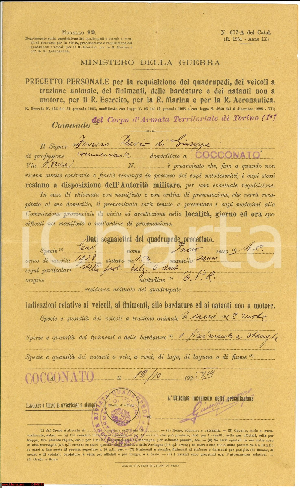 Documento originale, autentico 1935 COCCONATO (AT) Confisca cavallo di Flavio FERRERO 1