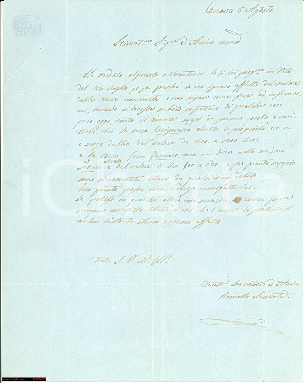 Manoscritto, lettera originale 1830 circa Don RAMELLA stima terra CARIGNASCA olivata 1