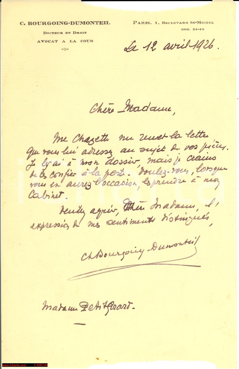 Autografo originale 1926 PARIS Charles BOURGOING-DUMONTEIL Avocat Autogr. 1