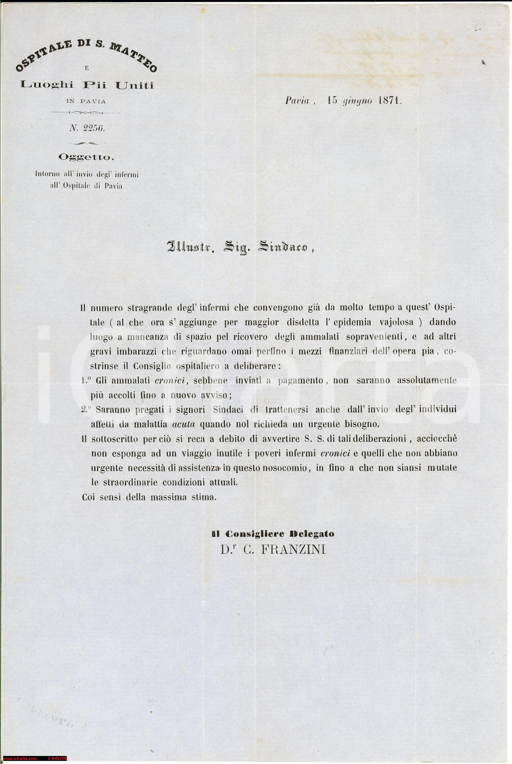 Documento originale, autentico 1871 PAVIA S.MATTEO Chiusura ospedale sovraffollato 1