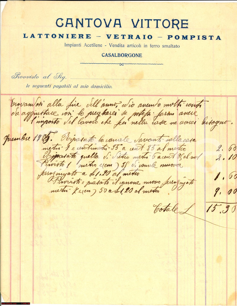 Documento originale, autentico 1905 CASALBORGONE (TO) Conto Vittore CANTOVA lattoniere 1