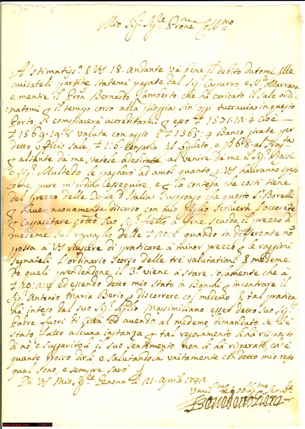 Manoscritto, lettera originale 1742 GENOVA Benedetto GIERA commercio di sale al Porto 1