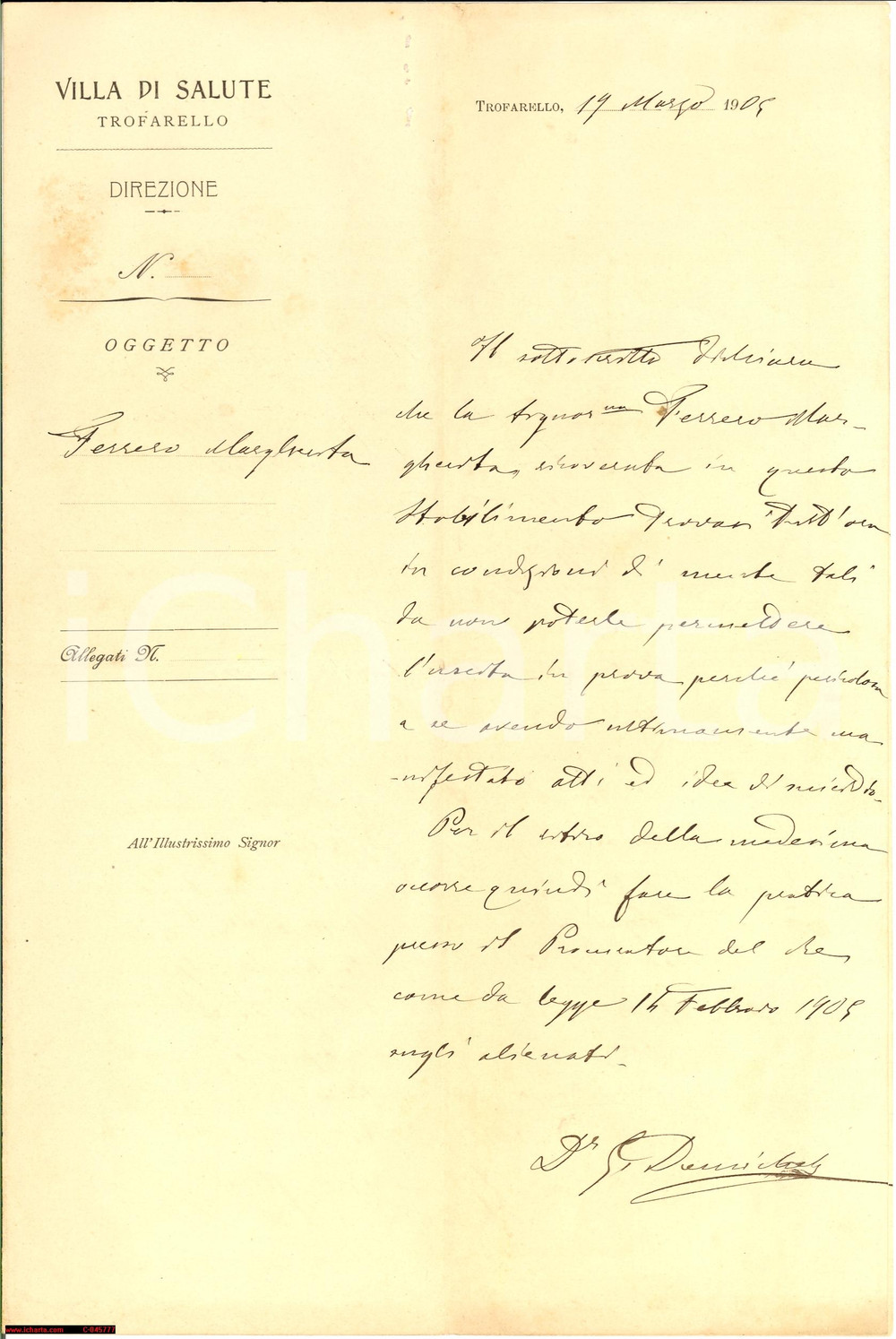 Manoscritto, lettera originale 1905 TROFARELLO TO Margherita FERRERO malata pericolosa 1