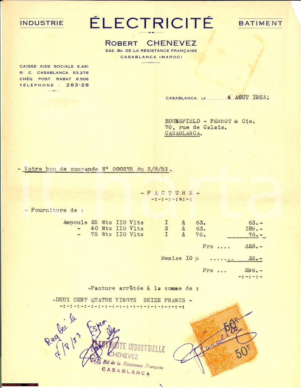 Documento originale, autentico 1953 CASABLANCA (Maroc)  ElectricitÃ© Robert CHEVENEZ 1