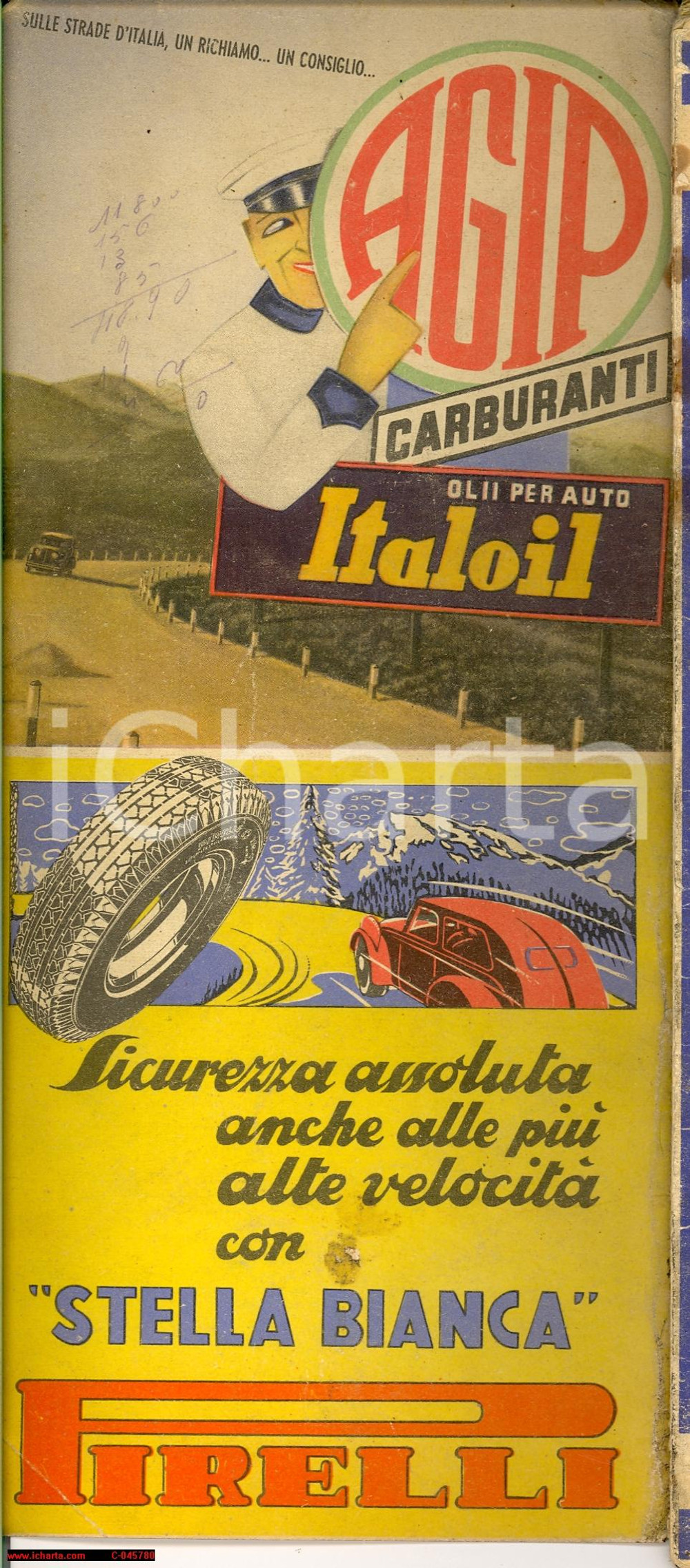 Materiale pubblicitario d’epoca 1939 RACI Carta automobilistica Italia PIRELLI AGIP 1