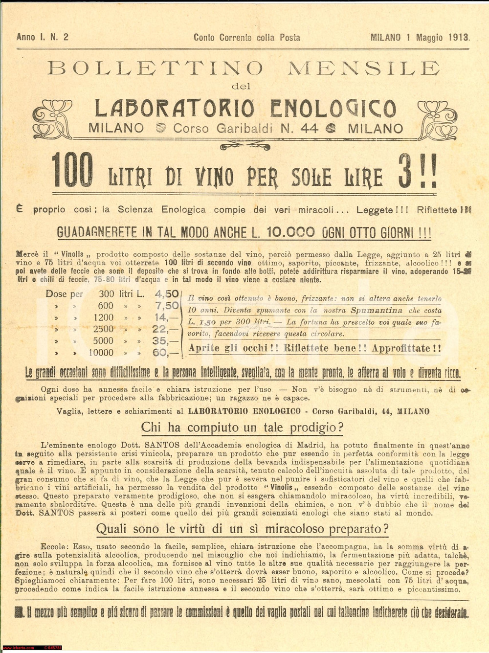 Giornale, rivista storica 1913 MILANO Bollettino Laboratorio Enologico VINOLIS 1