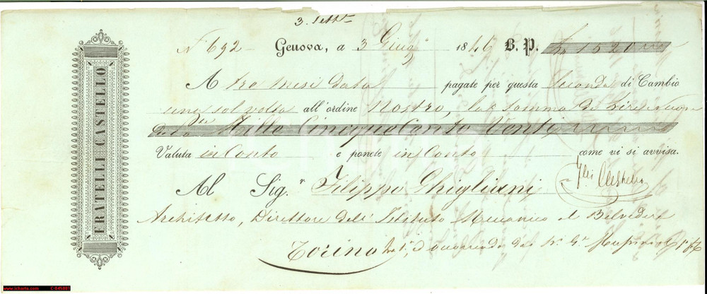 Oggetto da collezione cartaceo 1846 GENOVA Cambiale pubblicitaria F.LLI CASTELLO 1