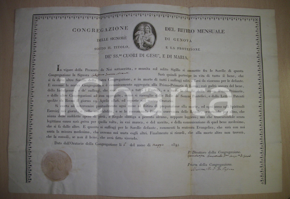 Documento originale, autentico 1833 GENOVA Congreg. RITIRO MENSUALE marchesa INVREA 1
