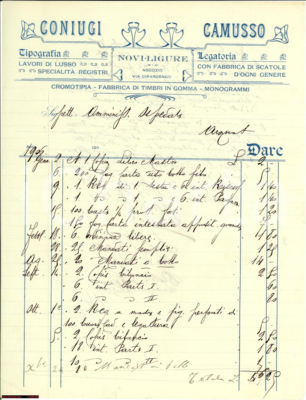 Documento originale, autentico 1910 NOVI LIGURE (AL) Conto legatoria Coniugi CAMUSSO 1