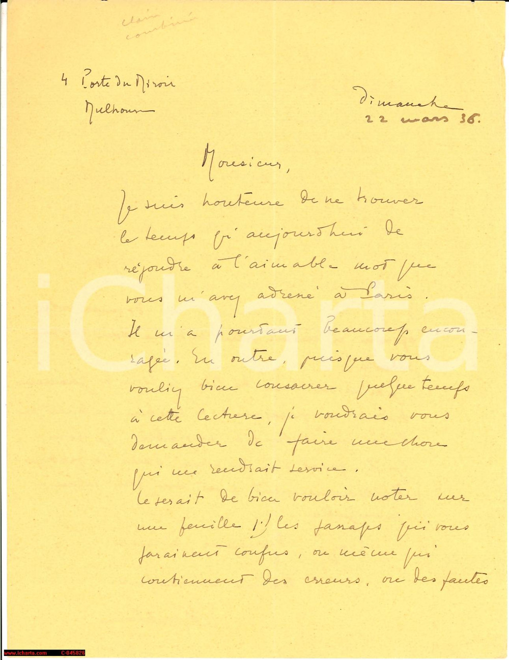 Autografo originale 1936 MULHOUSE Elisabeth KOECHLIN SANDOZ Autographe 1
