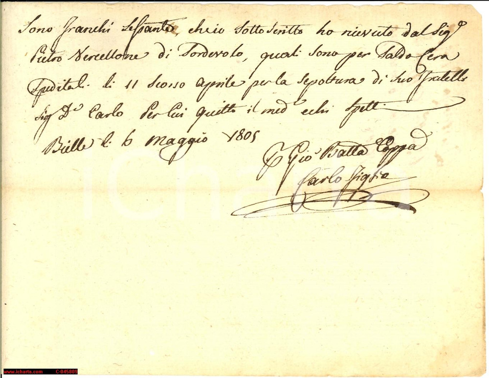 Documento originale, autentico 1805 BIELLA Cera COPPA per funerali Carlo VERCELLONE 1