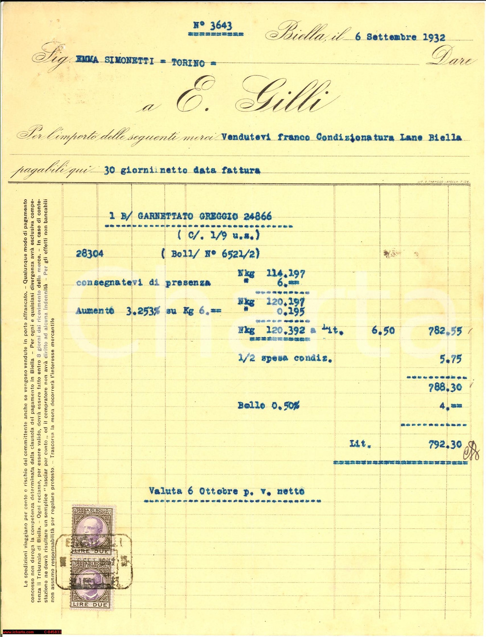 Documento originale, autentico 1932 BIELLA Garnettato greggio lanificio E. GILLI 1